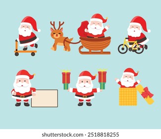 Set of cute funny Santa Claus characters in different poses, emotions, holiday situations. Christmas holiday vector illustration in flat cartoon style