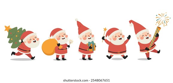 Set of cute funny Santa Claus characters with gift bag and Christmas tree in different poses, emotions, holiday situations. Christmas holiday vector illustration in flat cartoon style