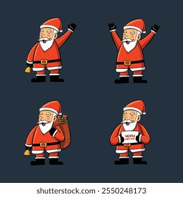 Set of cute funny Santa Claus characters with gift in different poses, emotions, holiday situations isolated on dark background. Christmas holiday vector