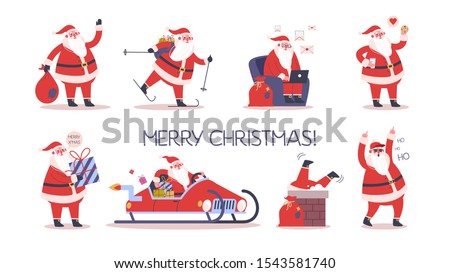 Set of cute funny Santa Claus in glasses celebrating Christmas and New Year. Happy Santa with bag and presents, skiing and having fun. Santa using a notebook. Modern Santa Claus. Flat illustration