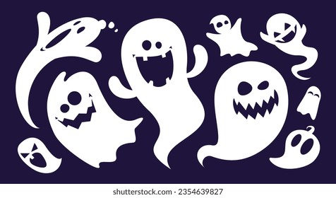 Set Of Cute, Funny And Scary Cartoon Ghosts. Halloween Ghost Illustration