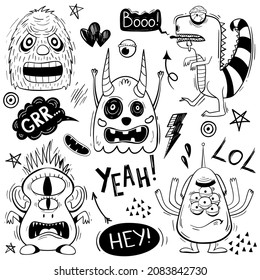 set of cute funny scary doodle monsters