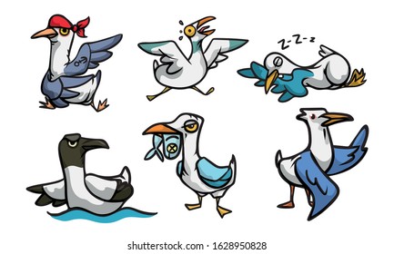 Set of cute and funny seagull character in different situations. Vector illustration in flat cartoon style.