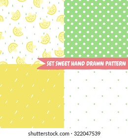 Set cute funny seamless pattern with summer strawberries, lemon, ice cream, watermelon. Best for textures, wallpaper, wrapping, scrapbooking. Beautiful romantic summer backgroun