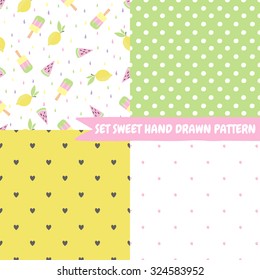 Set cute funny seamless pattern with summer strawberries, lemon, ice cream, watermelon. Best for textures, wallpaper, wrapping, scrapbooking. Beautiful romantic summer backgroun