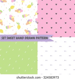 Set cute funny seamless pattern with summer strawberries, lemon, ice cream, watermelon. Best for textures, wallpaper, wrapping, scrapbooking. Beautiful romantic summer backgroun