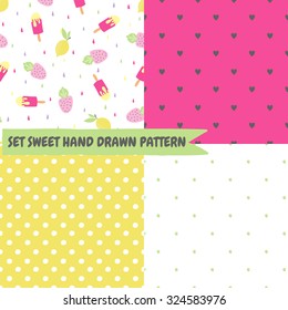 Set cute funny seamless pattern with summer strawberries, lemon, ice cream, watermelon. Best for textures, wallpaper, wrapping, scrapbooking. Beautiful romantic summer backgroun
