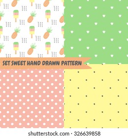 Set cute funny seamless pattern with summer strawberries, lemon, ice cream, watermelon. Best for textures, wallpaper, wrapping, scrapbooking. Beautiful romantic summer backgroun