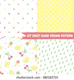 Set cute funny seamless pattern with summer strawberries, lemon, ice cream, watermelon. Best for textures, wallpaper, wrapping, scrapbooking. Beautiful romantic summer backgroun