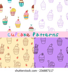 Set of cute funny seamless patterns with cartoon sweet cupcakes. Pattern can be used for surface textures, wallpaper, pattern fills, web page background. 