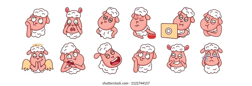 Set of cute, funny sheep expressing different emotions, smile, happiness, boredom and computer work. A set of stickers with a ram or lamb, can be applied as a print or a sticker. Vector graphics
