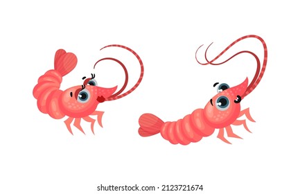 Set of cute funny shrimps. Cheerful big eyed prawn crustaceans creatures vector illustration