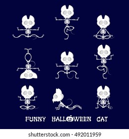 Set of cute and funny skeleton cat in different poses: activity, dance, yoga or gymnastic. Drawing in cartoon style isolated on dark blue background. Set of design elements. Vector illustration