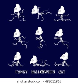 Set of cute and funny skeleton cat in different poses: activity, dance, yoga or gymnastic. Drawing in cartoon style isolated on dark blue background. Set of design elements. Vector illustration