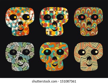 Set of cute and funny skulls. Vector illustration. 