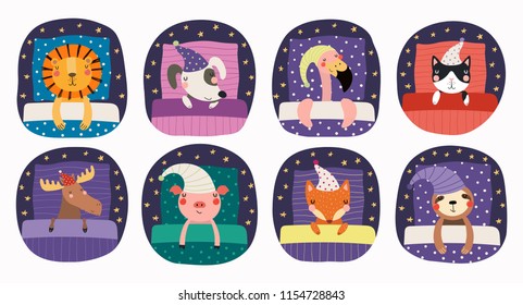 Set of cute funny sleeping animals in nightcap, with pillows, blankets. Isolated objects on white background. Hand drawn vector illustration. Scandinavian style flat design. Concept for children print