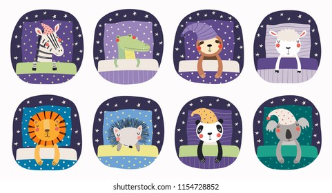 Set of cute funny sleeping animals in nightcap, with pillows, blankets. Isolated objects on white background. Hand drawn vector illustration. Scandinavian style flat design. Concept for children print