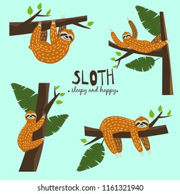 Set Cute funny sloth hanging on the tree. Sleepy and happy. Adorable hand drawn cartoon animal illustration. Vector cute sloth for greeting card, invites, poster, banner, t-shirt print, background