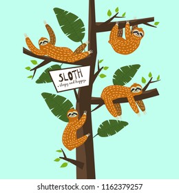 Set Cute funny sloth hanging on the tree. Sleepy and happy. Adorable hand drawn cartoon animal illustration. Vector cute sloth for greeting card, invites, poster, banner, t-shirt print, background