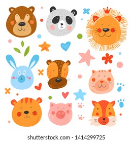 Set of cute funny smiling faces animals. Hand drawn kids illustration. Vector background. Pencil hatching texture. Colorful childish drawing. Stars, flowers and footprints.