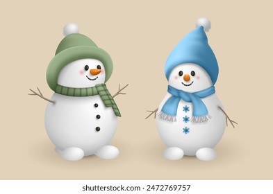 Ein Set von süßen lustig lächelnden Schneemännern in Hüten und gestrickten Schals. Weihnachtsmusiken Zeichen