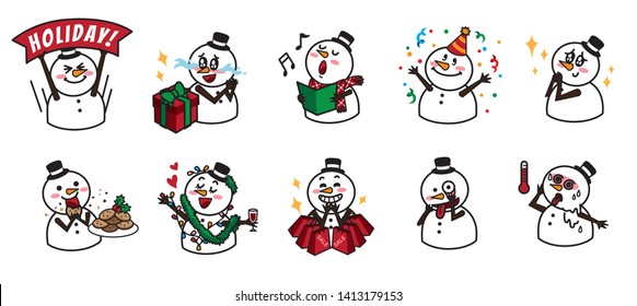 Set of cute funny snowman emoticon illustration cartoon - Vector