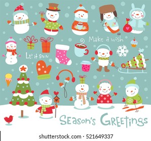 Set of cute and funny snowmen for banners, backgrounds, decorations.