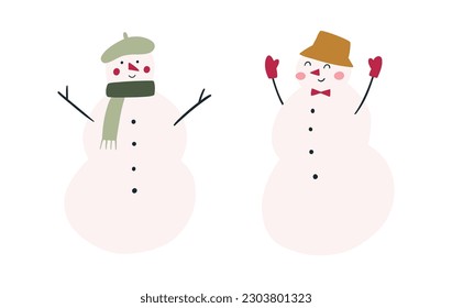 Set of cute and funny snowmen, cartoon flat vector illustration isolated on white background. Cheerful snowman wearing scarf, hat and gloves. Christmas character drawing.