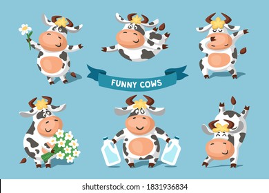 Set Of Cute Funny Spotted Black And White Cows In Different Poses. Cartoon Vector Illustration For Children.