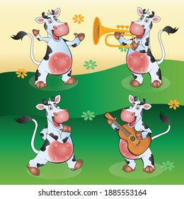 Set of cute funny spotted black and white cows dancing while holding a musical instrument. Vector