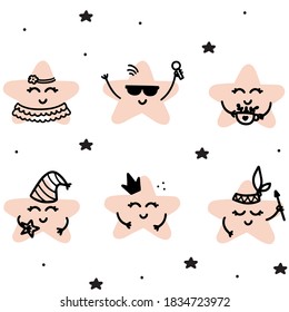 Set of cute and funny stars. Vector graphics. Isolated cartoony elements