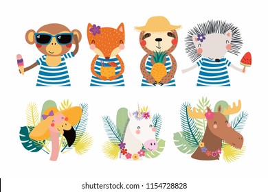Set of cute funny summer animals in hats, sunglasses, with ice cream. Isolated objects on white background. Hand drawn vector illustration. Scandinavian style flat design. Concept for children print.