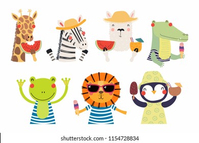 Set of cute funny summer animals in hats, sunglasses, with watermelon. Isolated objects on white background. Hand drawn vector illustration. Scandinavian style flat design. Concept for children print.