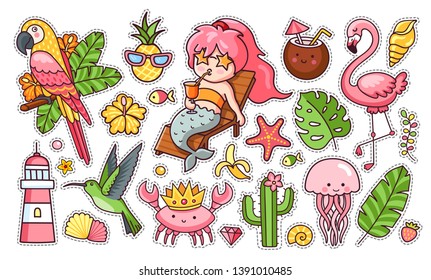 Juego de lindos y graciosos stickers de verano: sirena con cóctel, flamingo, loro, colibrí, cangrejo en la corona, hojas tropicales. Colección de pines, parches, iconos, elementos, insignias. Ilustración vectorial.