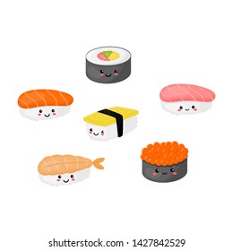 set of cute funny sushi and sashimi cartoon. japanese food kawaii style isolated on white background. illustration vector. 