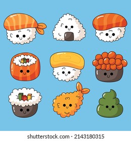 set of cute funny sushi and sashimi cartoon. japanese food kawaii style isolated on blue background. illustration vector. 