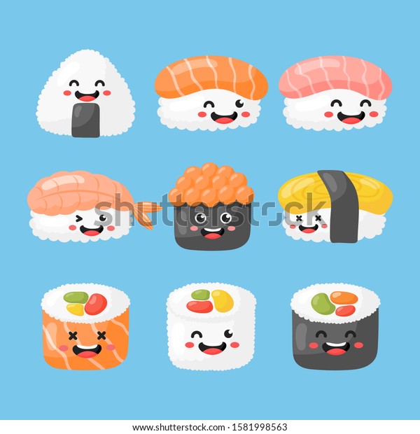 Set Cute Funny Sushi Sashimi Cartoon Stock Vector (Royalty Free ...