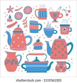 Set of cute funny teapots and various tea cups with muffin, lemon slices and cinnamon sticks, vector illustration isolated on white background. Big collection of tea pots and cups, print design