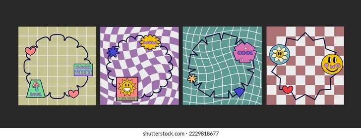 Eine Reihe von niedlichen, lustigen Vorlagen auf karierten Groovy-Hintergründen mit Stickerrahmen, Patches im Stil der 90er Jahre.Moderne Symbole in y2k-Ästhetik. Vektorgrafik der Benutzeroberfläche