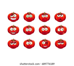 Set of cute and funny tomato characters with different facial expressions.  Cartoon vector illustration isolated on white background. Set of funny tomato characters, mascots, emoticons.