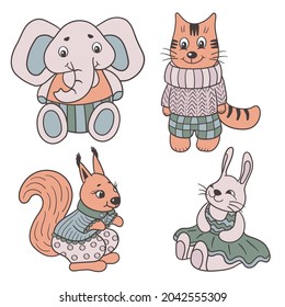 Un conjunto de lindos y divertidos animales de juguete: elefante, gato, ardilla y conejo, ilustración vectorial
