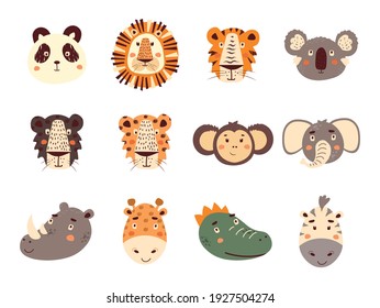 Set of cute funny tropical Africa animal faces or heads vector illustration. Various childish cartoon icons muzzles of lion, panda, tiger, koala, leopard, monkey, elephant, giraffe, crocodile, zebra.