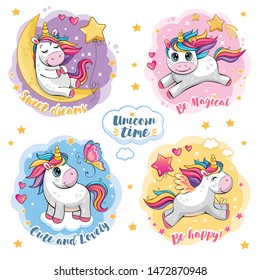 Set of cute funny unicorns. Cartoon and fabulous illustration with beautiful little pony, butterfly, star, moon and heart. Stickers with motivating text. Poster for friends, family. Wonderland. Vector