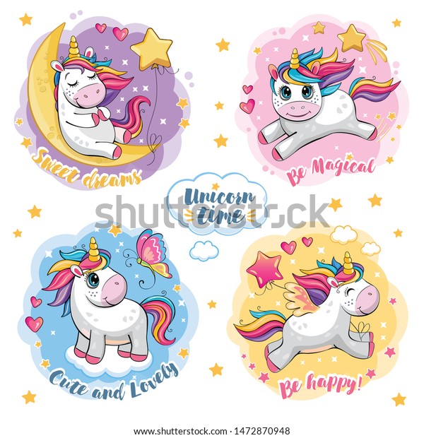 Set Cute Funny Unicorns Cartoon Fabulous Stock Vector (Royalty Free ...