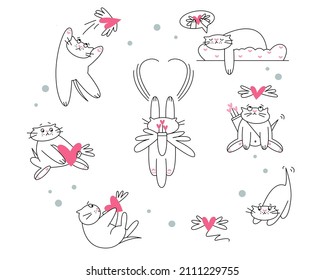 Set of cute funny valentine cat trying to catch the heart.