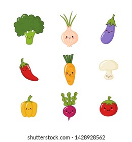 set of cute funny vegetable kawaii style icons isolated on white background. illustration vector.  