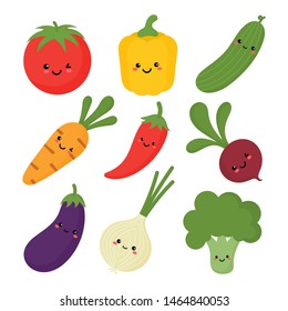 set of cute funny vegetable kawaii style icons isolated on white background. illustration vector.  