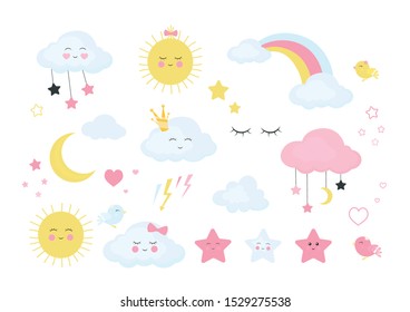 Set of cute and funny weather signs and icons isolated on white background. Cartoon design colorful illustration of a rainbow stars thunder moon sun rain clouds lashes the star. Vector graphics