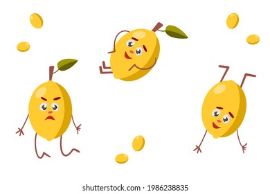 Set of cute and funny yellow lemons in comic style with arms and legs, cartoon vector illustration isolated on white background. Red and ripe strawberry character, big eyes mascot