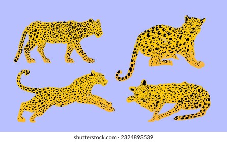 Juego de lindos y divertidos leopardos amarillos. Curso de pincel con estilo de dibujo infantil. Resumen, caricatura del peculiar personaje Leopard. Ilustración dibujada a mano por vectores. Plantilla de diseño de moda, afiche, impresión, patrón de logotipo